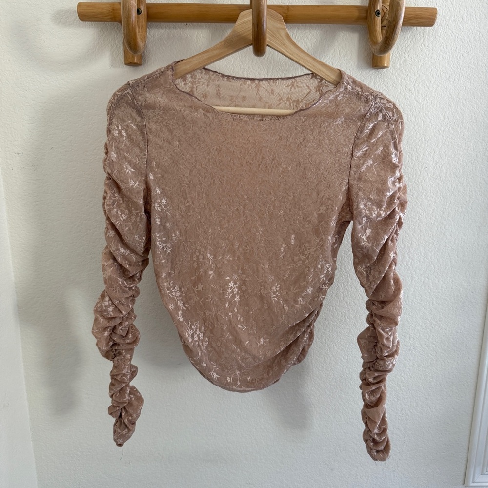 Vintage lace fairy tan floral mesh long sleeve top with ruched sleeves steampunk